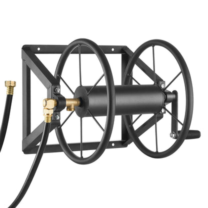 VEVOR Wall Mounted Garden Hose Reel, Holds 200 ft 5/8-inch Manual Water Hose Winder, Heavy-Duty Steel, Outdoor Reel with Brass Fitting & 5ft Leader Hose, Space Saving, for Yard Lawn Garage