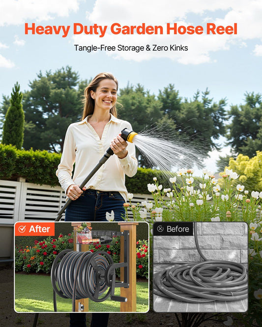 VEVOR Wall Mounted Garden Hose Reel, Holds 125 ft 5/8-inch Hose, Heavy-Duty Water Hose Winder, Space-Saving Design, Outdoor Manual Reel with Brass Fitting and Storage Basket for Yard Lawn