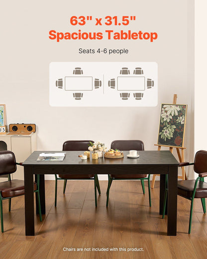 VEVOR Rectangle Dining Table, 63 inch Length Large Wood Tables for 4-6 Person, Modern Dinner Furniture, Conference Desk Supporting for 330LBS, for Home Kitchen Living Room, Black(Only Table)