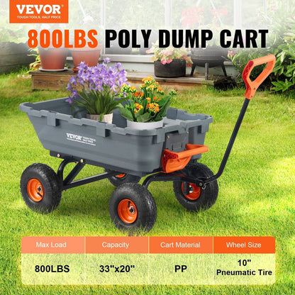 VEVOR Garden Cart, Durable Poly Dump Cart with Simple Assembly Steel Structure, Versatile Dump Wagon with Dual-Function Handle, Handy Wheelbarrow with 800 lbs Load Capacity, 10 inch Wheels