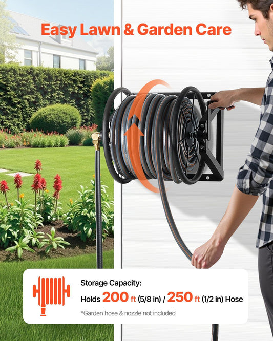 VEVOR Wall Mounted Garden Hose Reel, Holds 200 ft 5/8-inch Manual Water Hose Winder, Heavy-Duty Steel, Outdoor Reel with Brass Fitting & 5ft Leader Hose, Space Saving, for Yard Lawn Garage