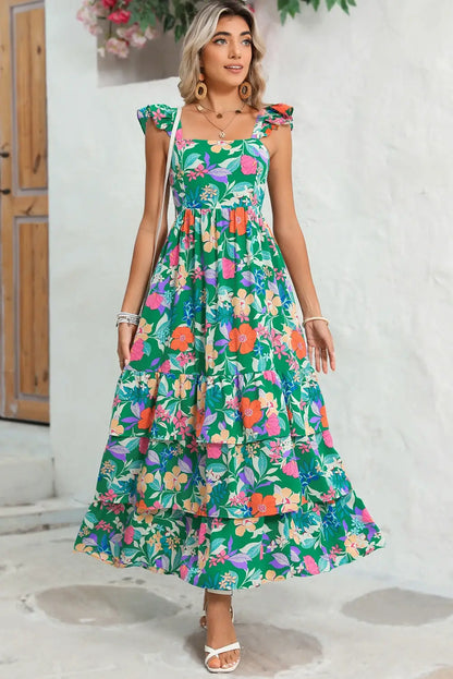 Floral Ruffle Green Tiered Maxi Dress