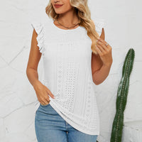 Smocked Round Neck Eyelet Top
