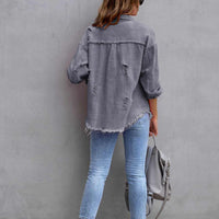 Distressed Drop Shoulder Fringe Denim Jacket Cotton Blend