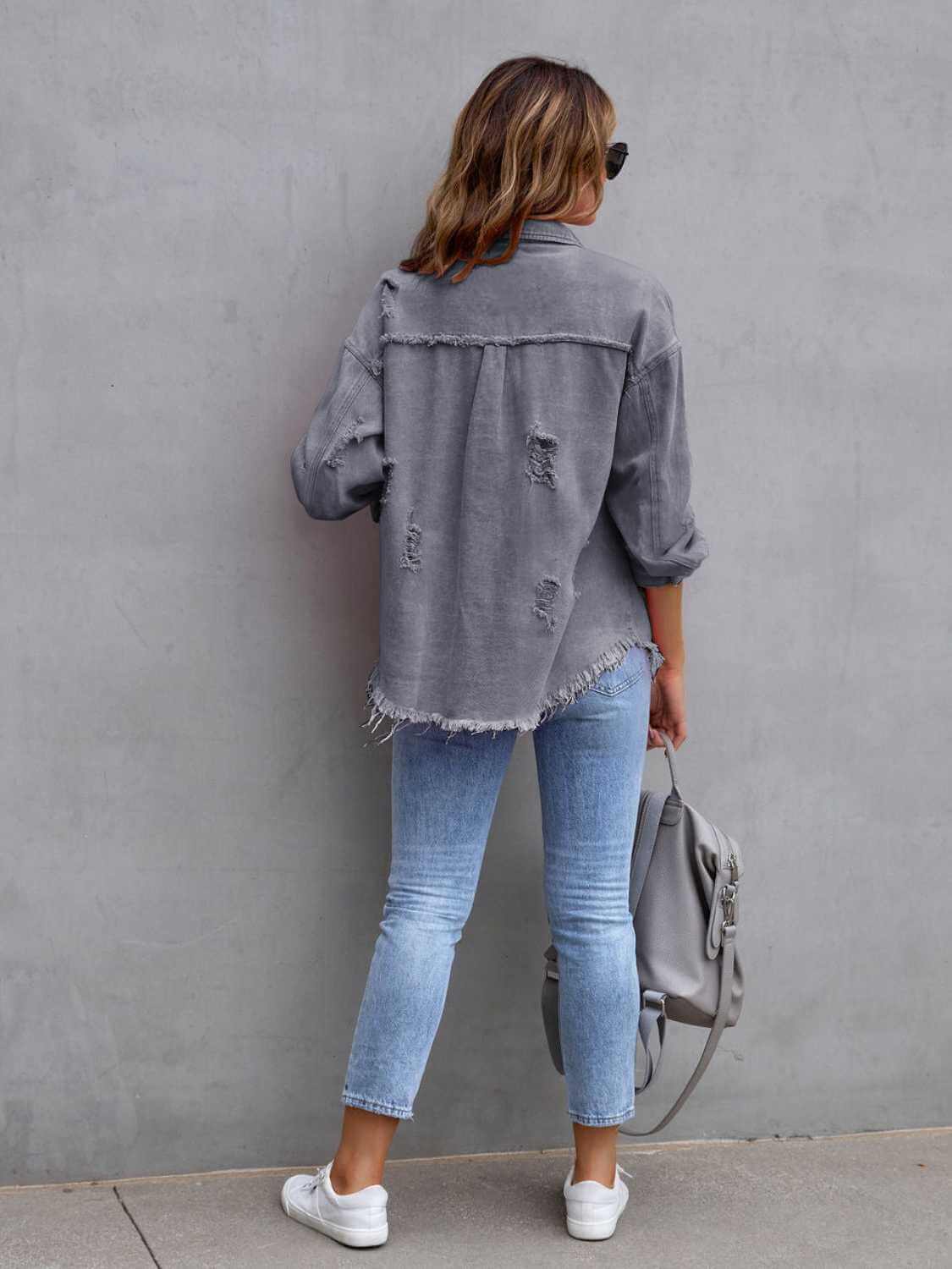 Distressed Drop Shoulder Fringe Denim Jacket Cotton Blend
