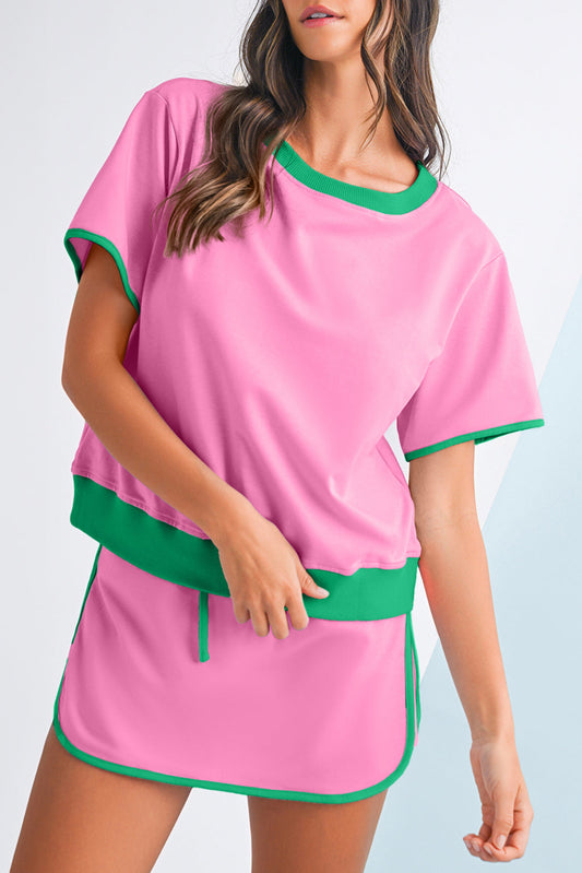 Luxury Colorblock Edge Drop Shoulder T Shirt and Skort Set