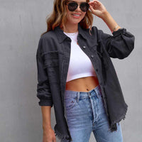Distressed Drop Shoulder Fringe Denim Jacket Cotton Blend