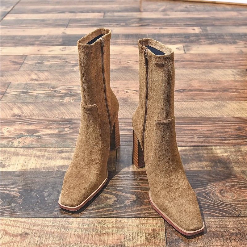 Square Toe Fleece-Lined French Boots – Chunky Heel Winter Style