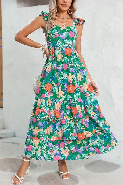 Floral Ruffle Green Tiered Maxi Dress