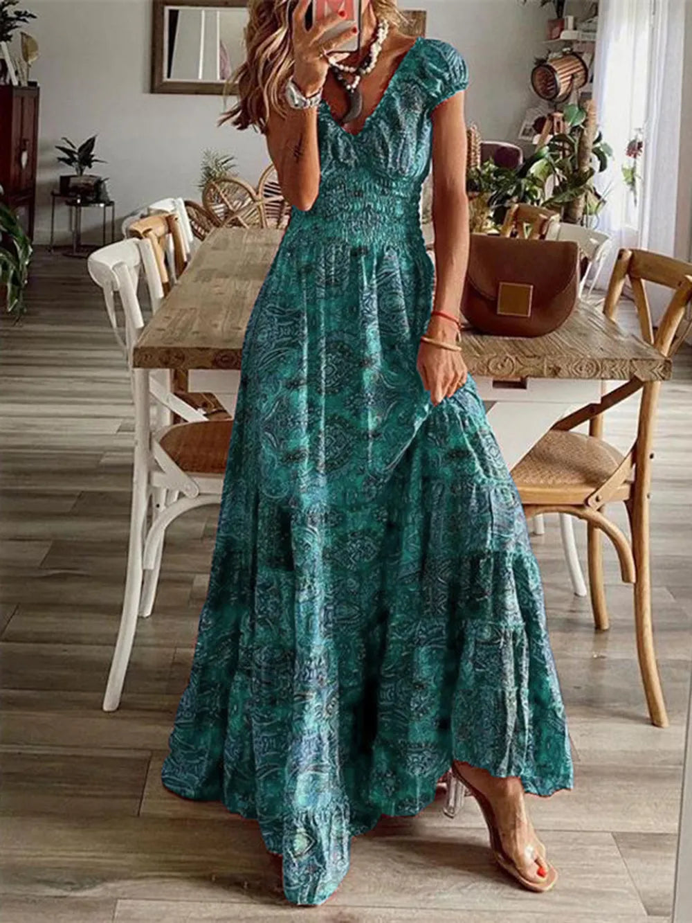 Full Size Smocked Printed V-Neck Dress for Effortless Style