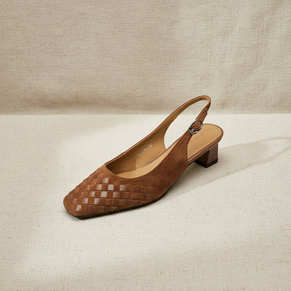 Women's Handmade Suede Woven Slingback Block Heel Sandals – Square-Toe Buckle Dress Shoes