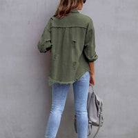 Distressed Drop Shoulder Fringe Denim Jacket Cotton Blend