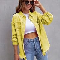 Distressed Drop Shoulder Fringe Denim Jacket Cotton Blend