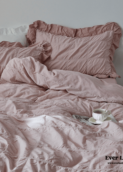 Earth Tone Marshmallow Puff Ruffle Bedding Set / Rust Pink