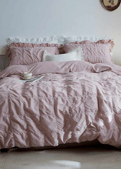 Earth Tone Marshmallow Puff Ruffle Bedding Set / Rust Pink