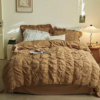 Earth Tone Marshmallow Puff Ruffle Bedding Set / White