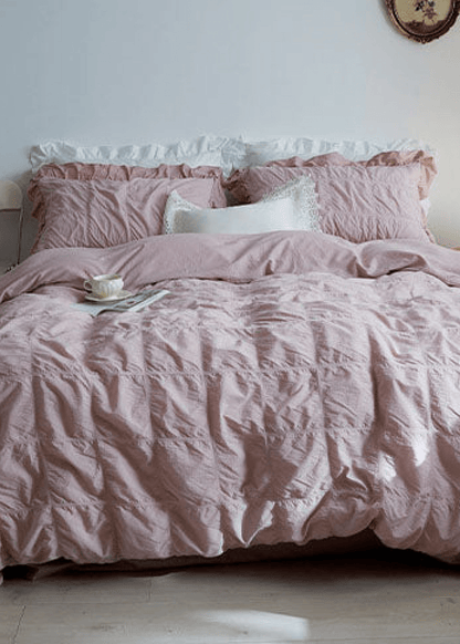 Earth Tone Marshmallow Puff Ruffle Bedding Set / White