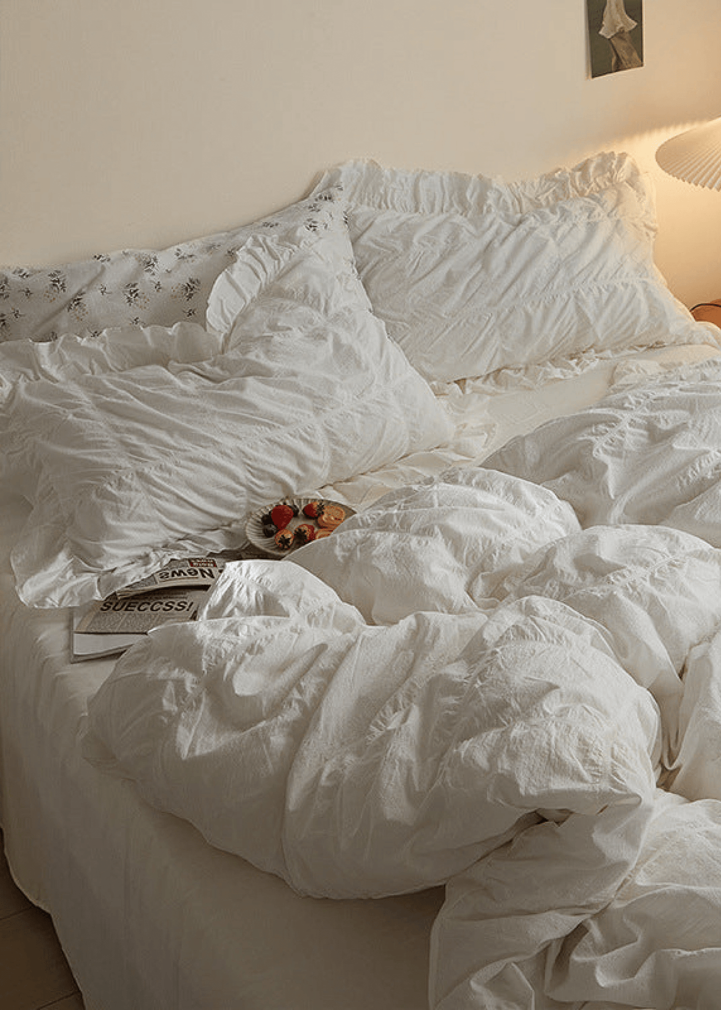 Earth Tone Marshmallow Puff Ruffle Bedding Set / White