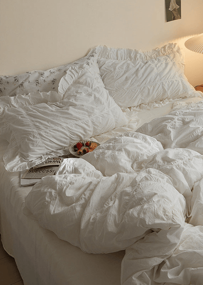 Earth Tone Marshmallow Puff Ruffle Bedding Set / White