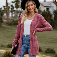 Ribbed Button-Up Cardigan with Pockets