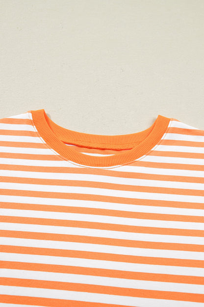Orange Stripe 3/4 Sleeve Exposed Seam Patchwork Pullover Top