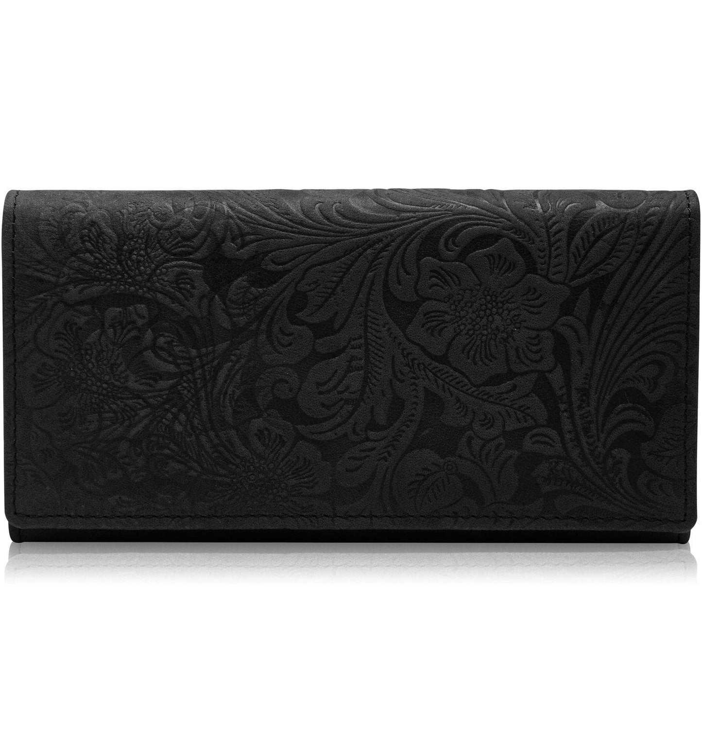 Genuine Leather Floral Accordion Wallet – Zip Pockets, RFID Blocking