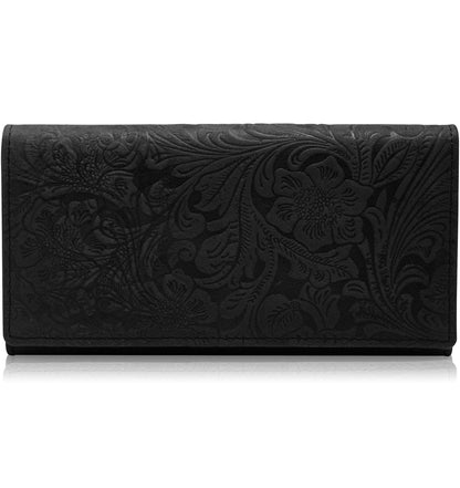 Genuine Leather Floral Accordion Wallet – Zip Pockets, RFID Blocking