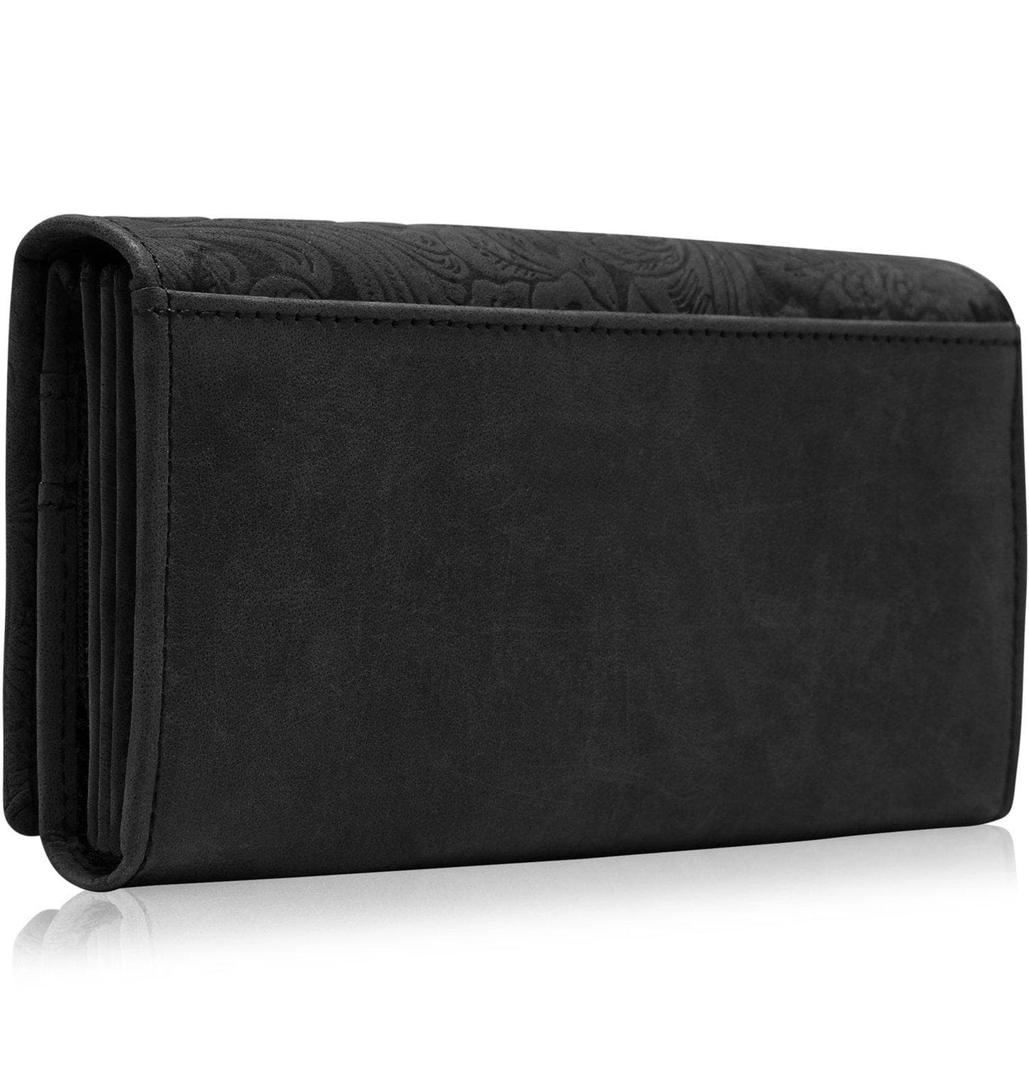 Genuine Leather Floral Accordion Wallet – Zip Pockets, RFID Blocking