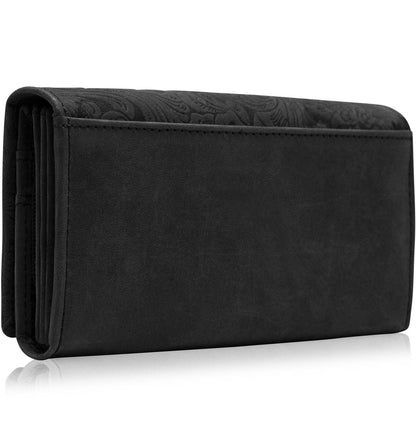 Genuine Leather Floral Accordion Wallet – Zip Pockets, RFID Blocking
