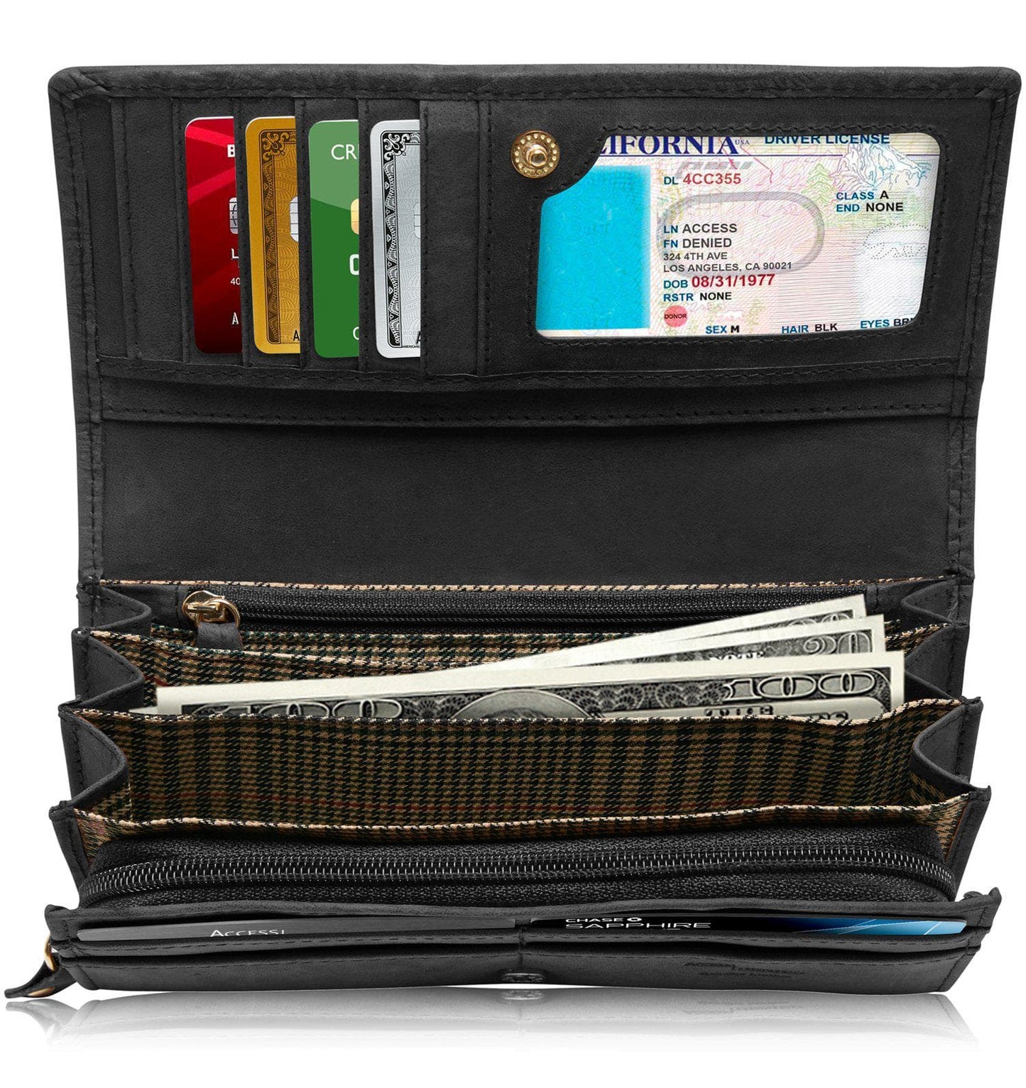 Genuine Leather Floral Accordion Wallet – Zip Pockets, RFID Blocking