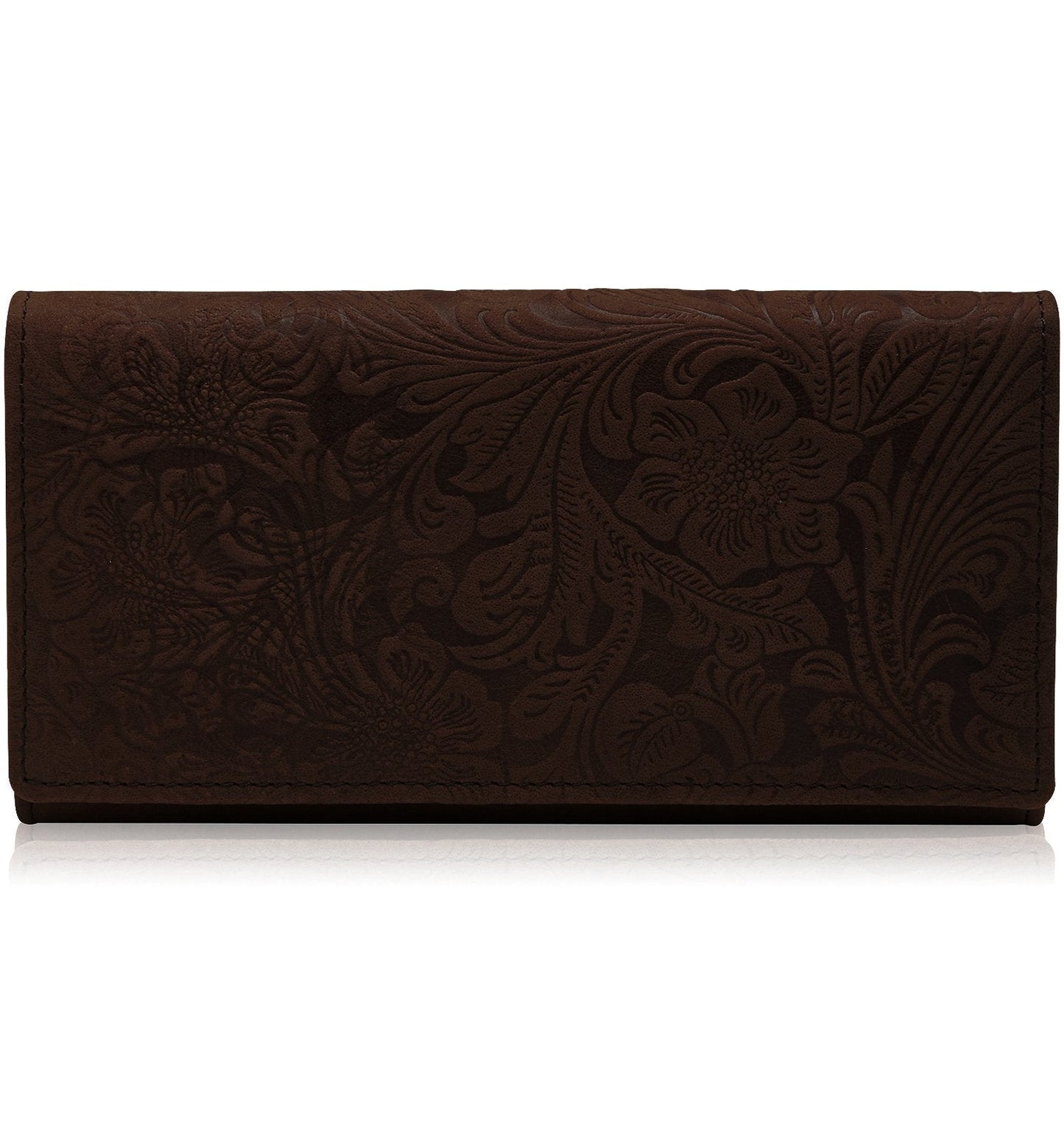 Genuine Leather Floral Accordion Wallet – Zip Pockets, RFID Blocking
