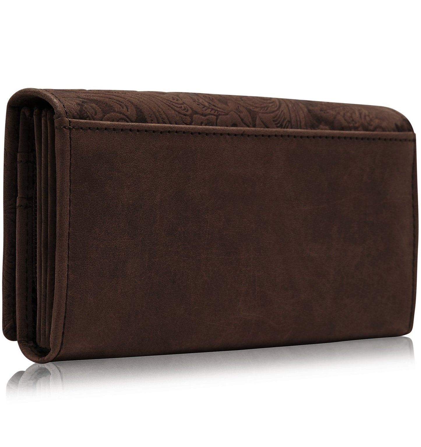 Genuine Leather Floral Accordion Wallet – Zip Pockets, RFID Blocking