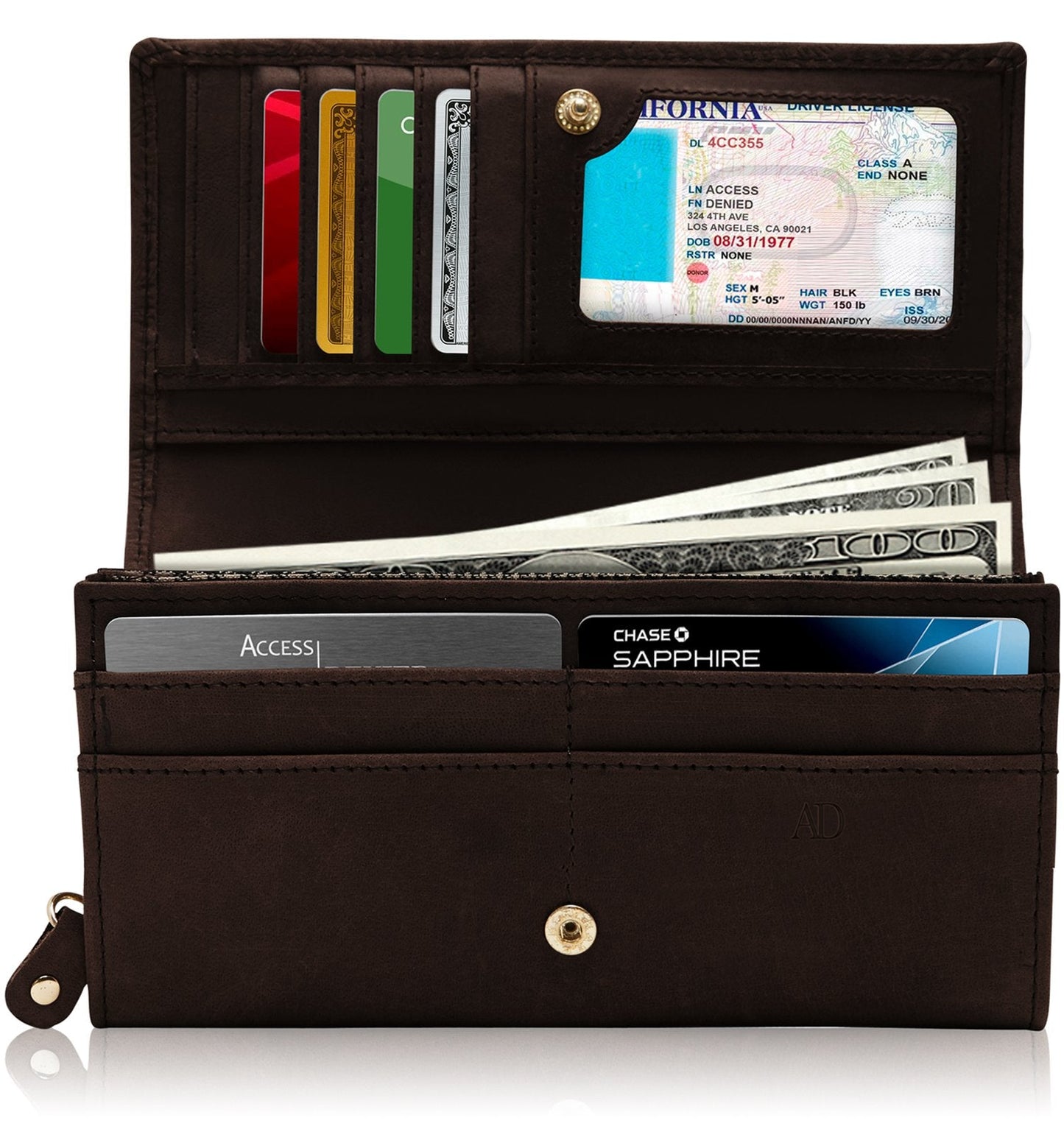 Genuine Leather Floral Accordion Wallet – Zip Pockets, RFID Blocking