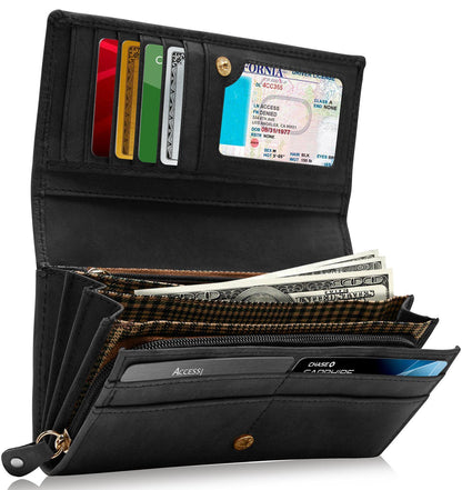 Genuine Leather Floral Accordion Wallet – Zip Pockets, RFID Blocking
