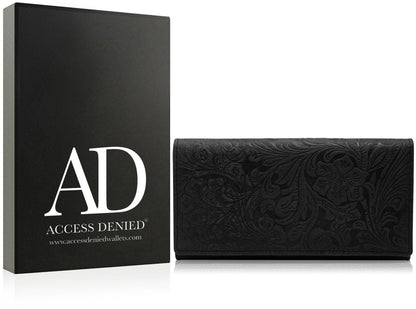 Genuine Leather Floral Accordion Wallet – Zip Pockets, RFID Blocking