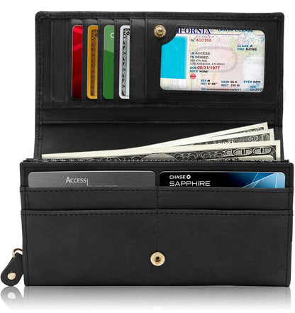 Genuine Leather Floral Accordion Wallet – Zip Pockets, RFID Blocking