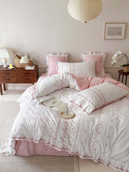 Embroidered French Lace Ruffle Bedding Set / Pink