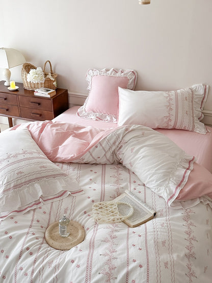 Embroidered French Lace Ruffle Bedding Set / Pink