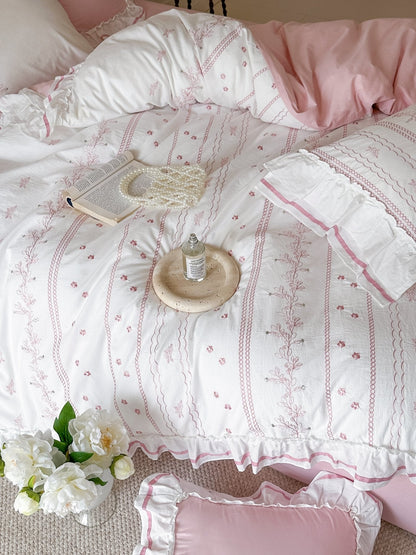Embroidered French Lace Ruffle Bedding Set / Pink