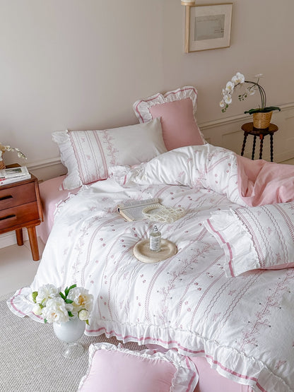Embroidered French Lace Ruffle Bedding Set / Pink