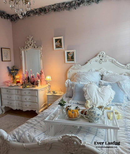Embroidered French Lace Ruffle Bedding Set / Pink