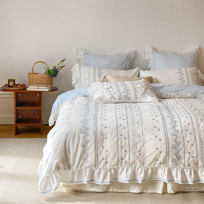 Embroidered French Lace Ruffle Bedding Set / Pink