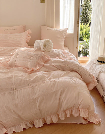 Embroidered Lace Ruffle Bedding Set / White
