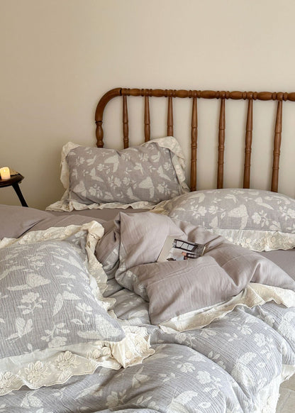 Emmeline Lace Ruffle Floral Bedding Set / Gray