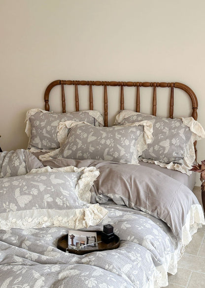 Emmeline Lace Ruffle Floral Bedding Set / Gray