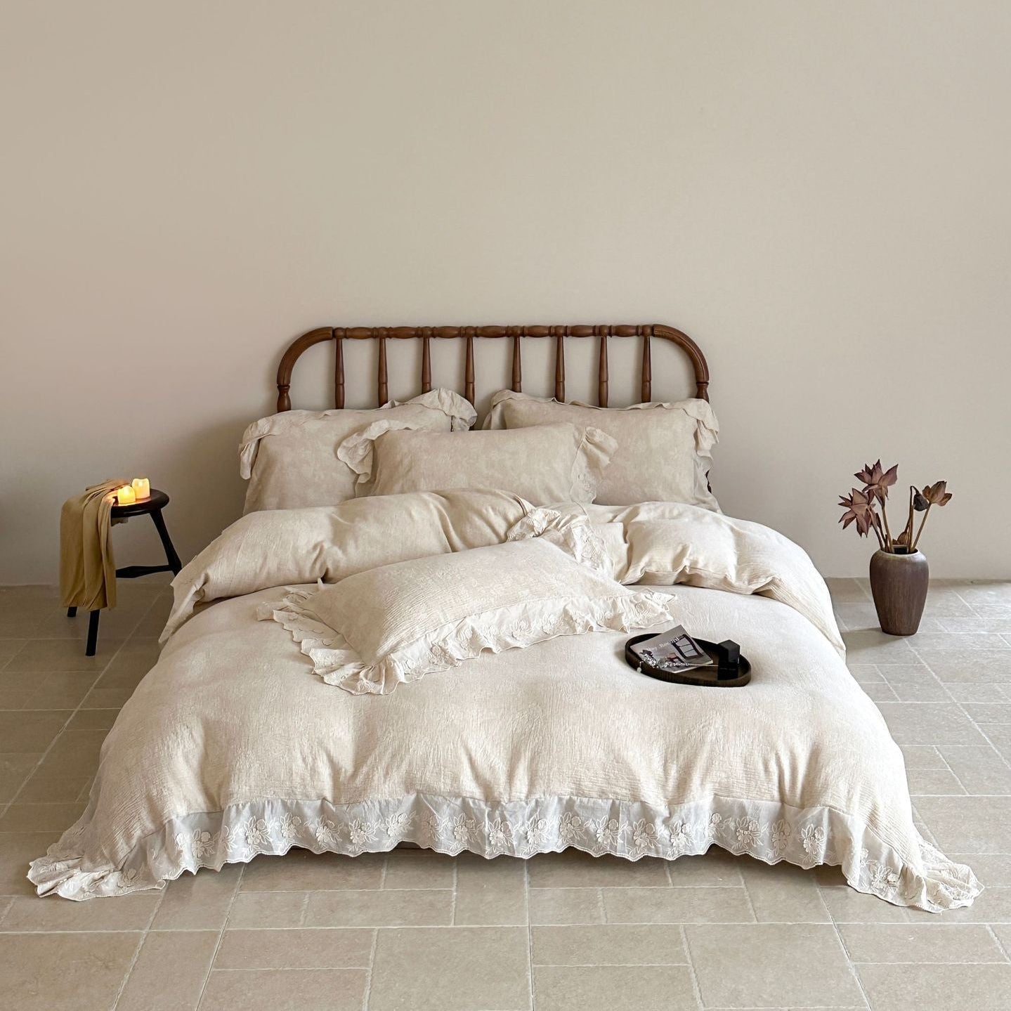 Emmeline Lace Ruffle Floral Bedding Set / Gray