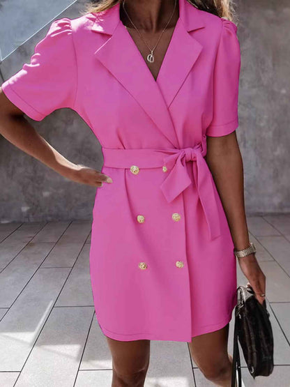 Lapel Collar Mini Dress with Tie Waist