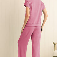 Luxury Solid Corded Short Sleeve T Shirt And Wide Leg Pants Set