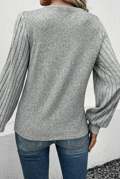 Light Grey Buttoned V Neck Ribbed Puff Sleeve  Women's Top