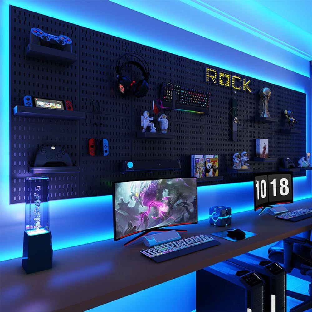 RGB Pegboard Wall Organizer with Smart IC LED Strip Lights, 2-Pack 12 x 24 Inch Heavy Duty Metal Peg Board with Hooks, DIY Gaming Room Setup Wall Mount Storage System